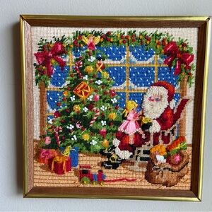 Vtg Christmas Needlepoint Framed Art Santa